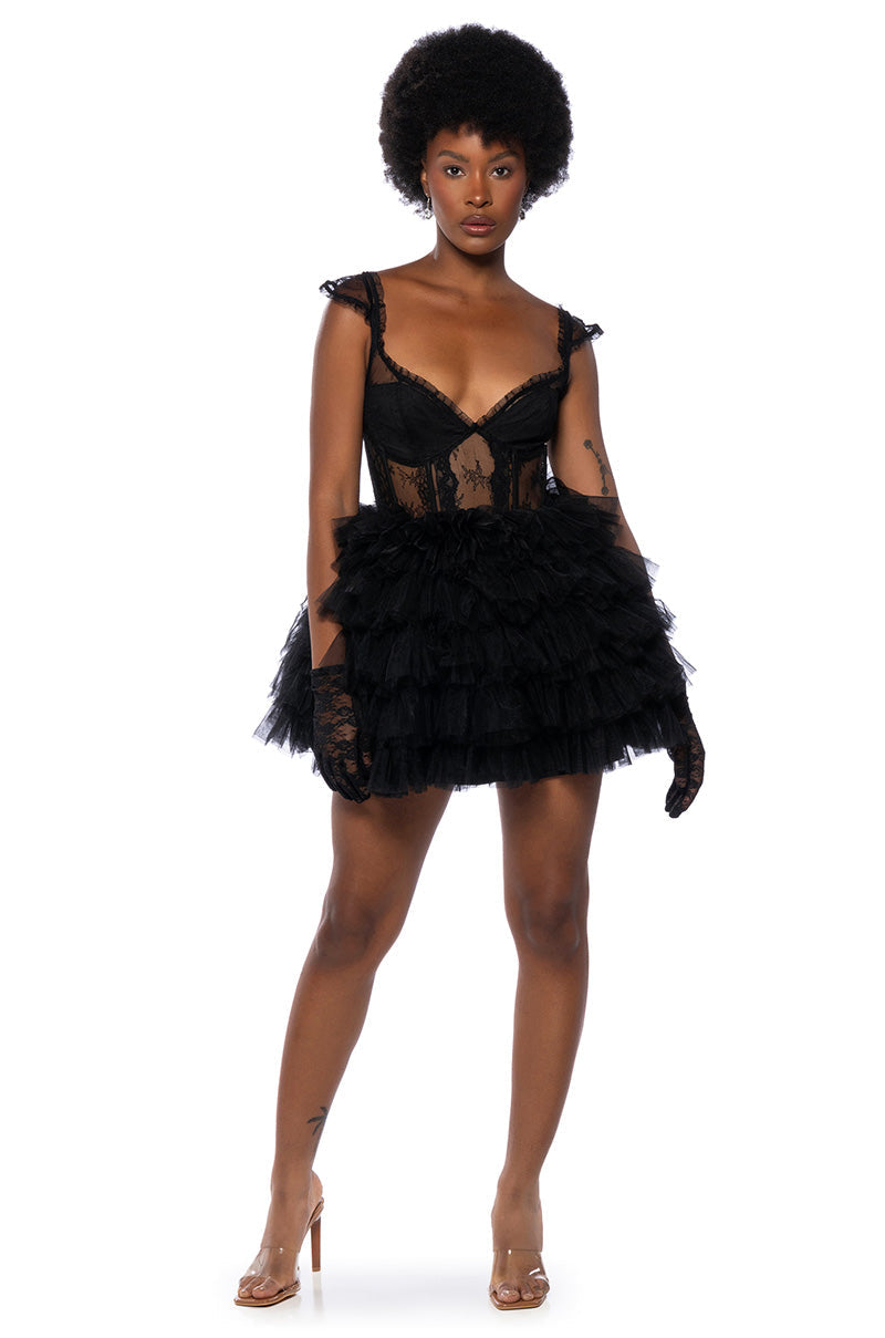 MERCEDES TULLE CAP SLEEVE MINI DRESS