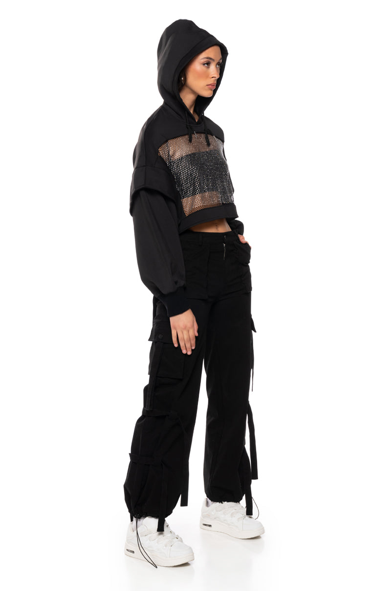 MIDNIGHT CALLS CROPPED LONG SLEEVE HOODIE