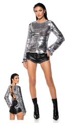 MISS INDEPENDENT METALLIC BACK TIE TOP