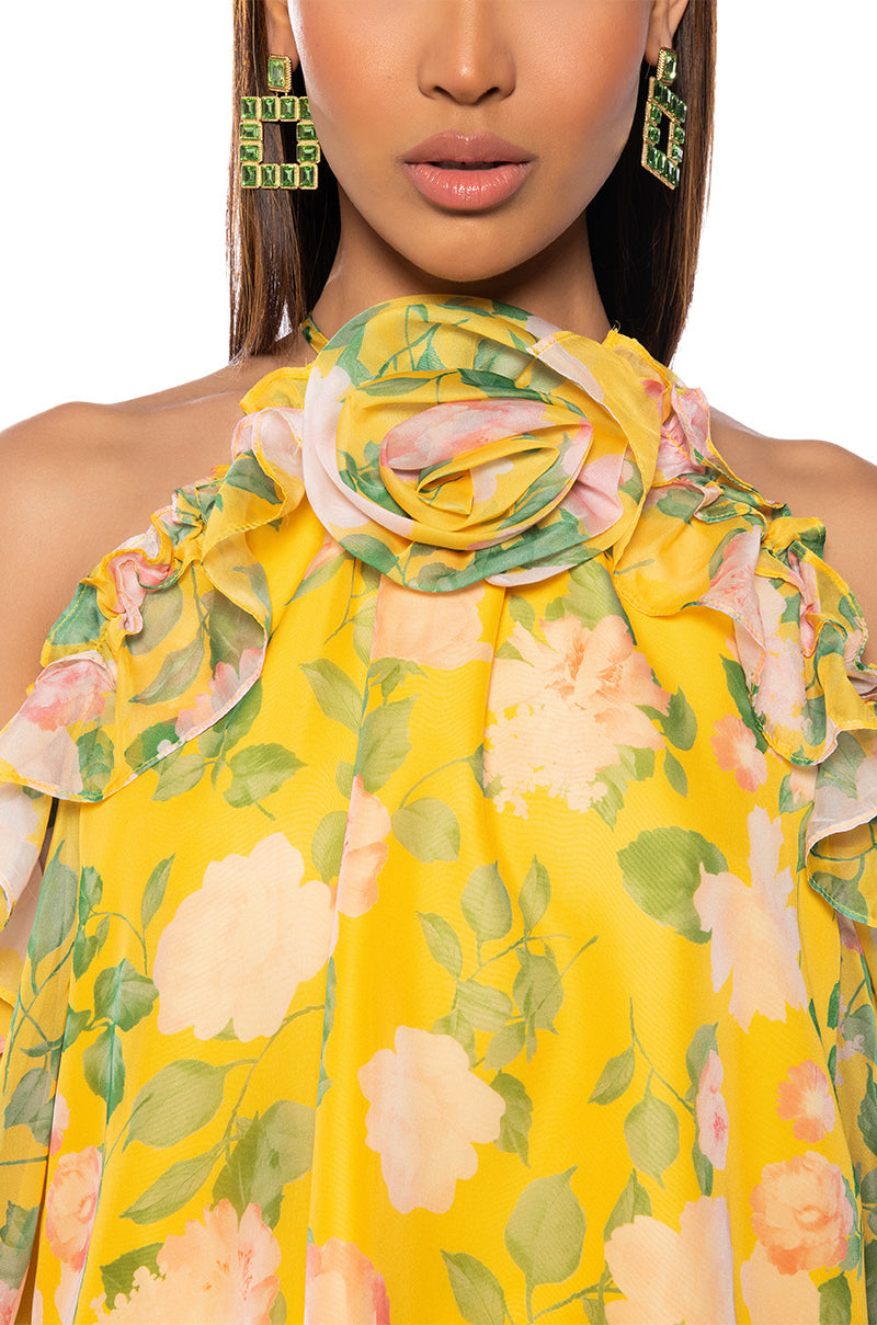 MISTY FLORAL PRINT COLD SHOULDER CHIFFON BLOUSE