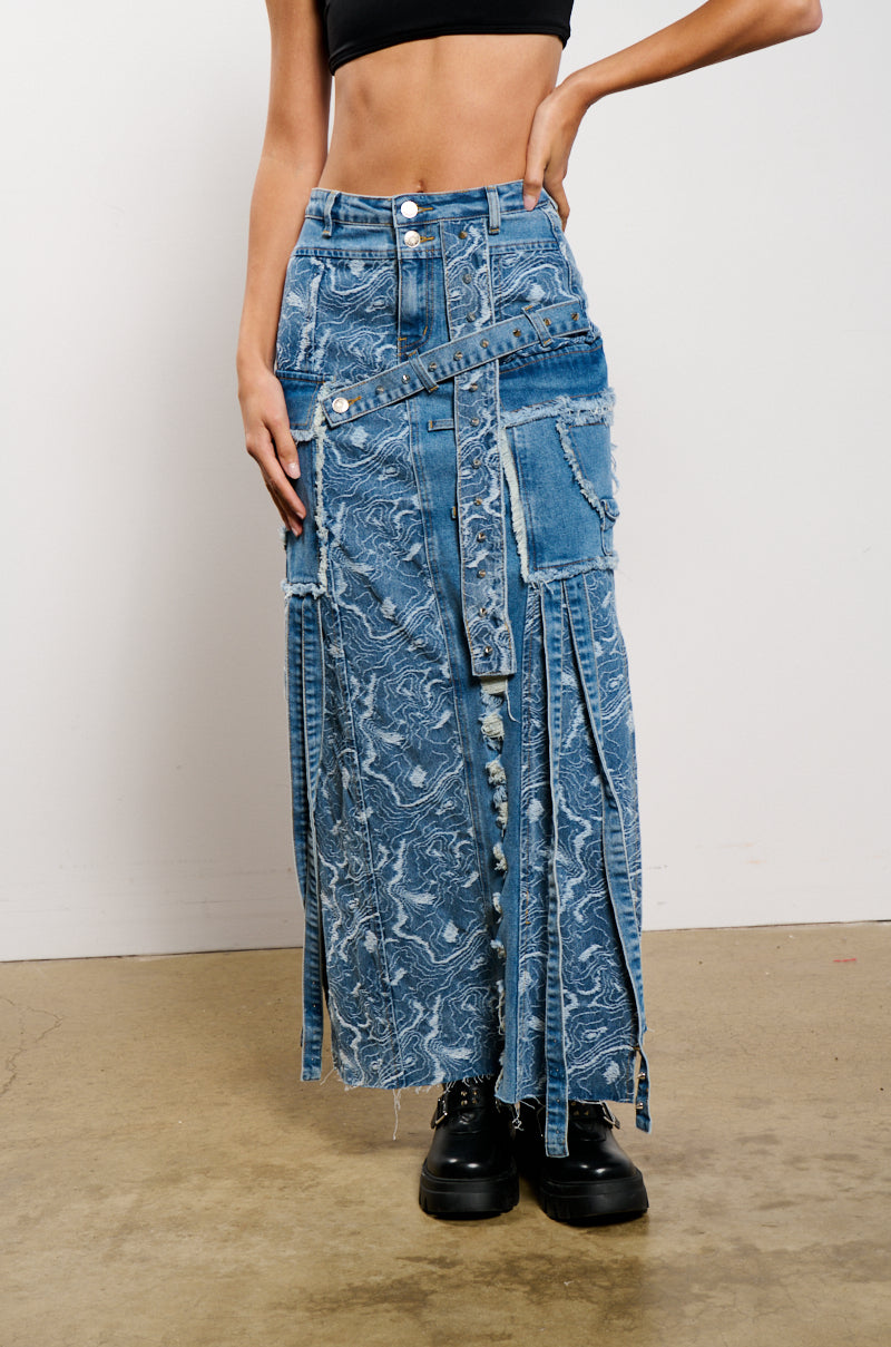 MIXED MEDIA DENIM MAXI SKIRT