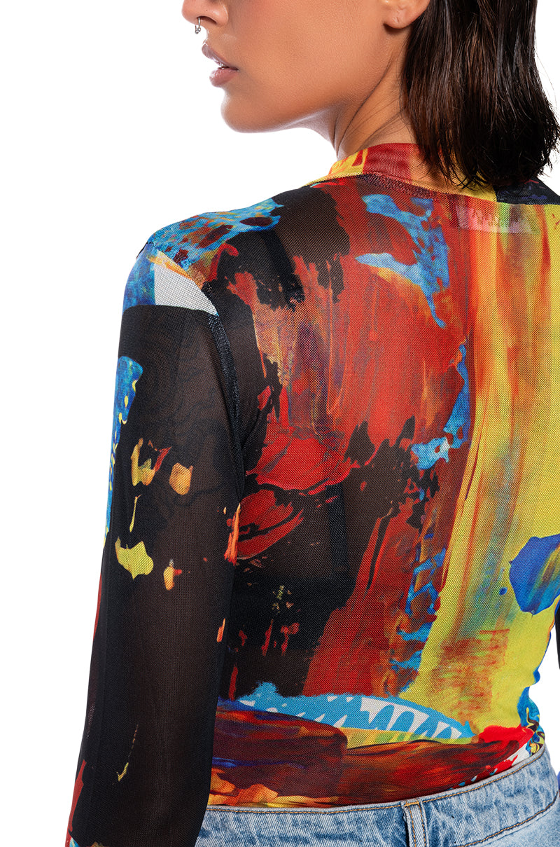 MODERN ART LONG SLEEVE MESH MOCK NECK BODYSUIT