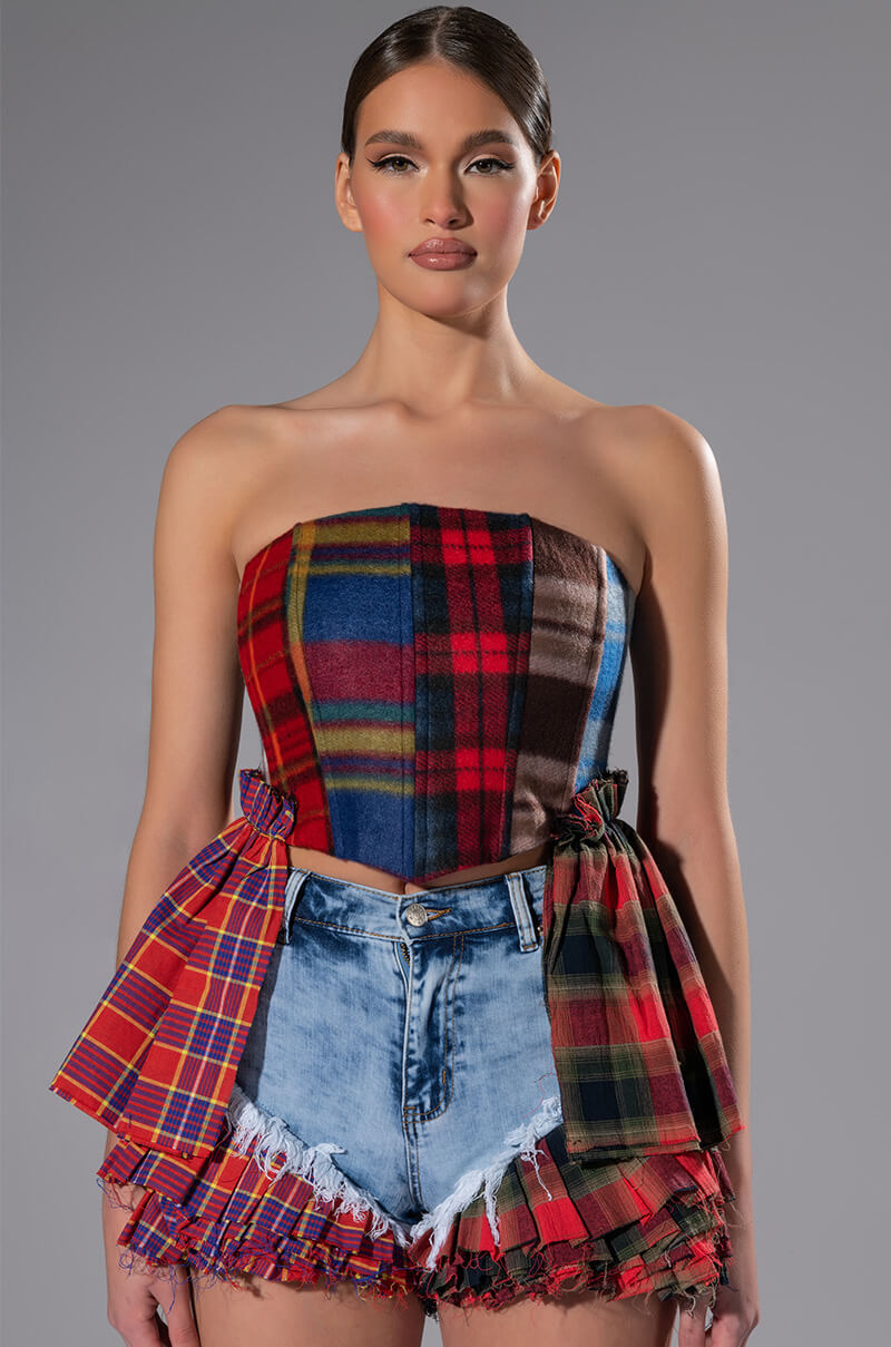 MODERN PUNK PLAID RUFFLE DENIM SHORT