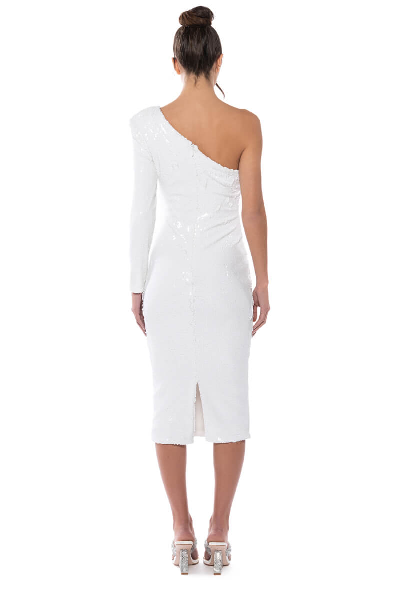 MOONLIGHT ONE SHOULDER SEQUIN MIDI DRESS