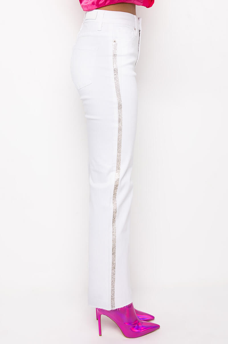 MOONWALKER RHINESTONE HIGH RISE SIDE SLIT STRAIGHT LEG JEANS