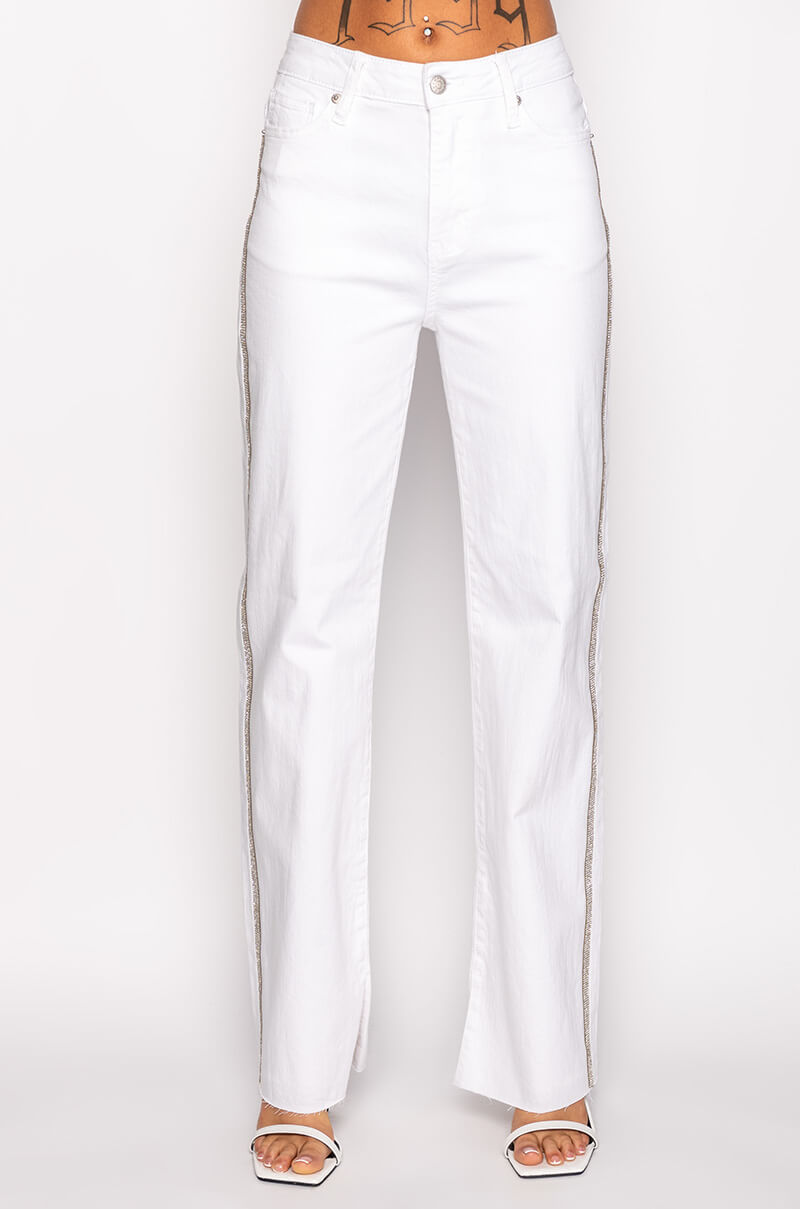 MOONWALKER RHINESTONE HIGH RISE SIDE SLIT STRAIGHT LEG JEANS