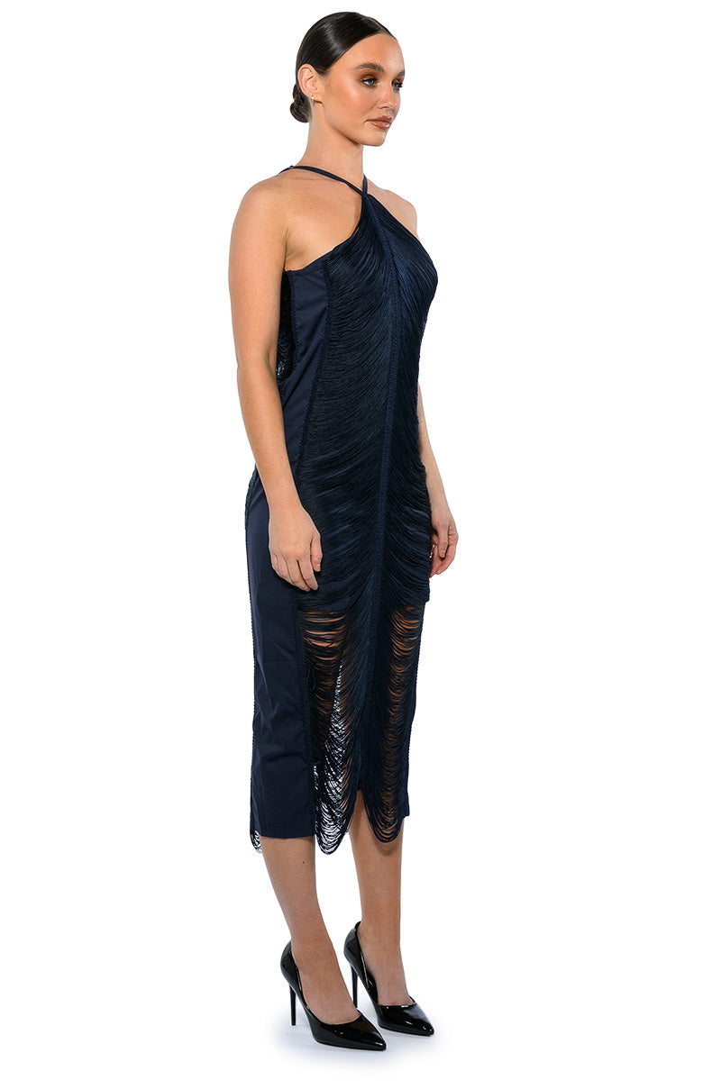 NADINE LOW BACK FRINGE MIDI DRESS