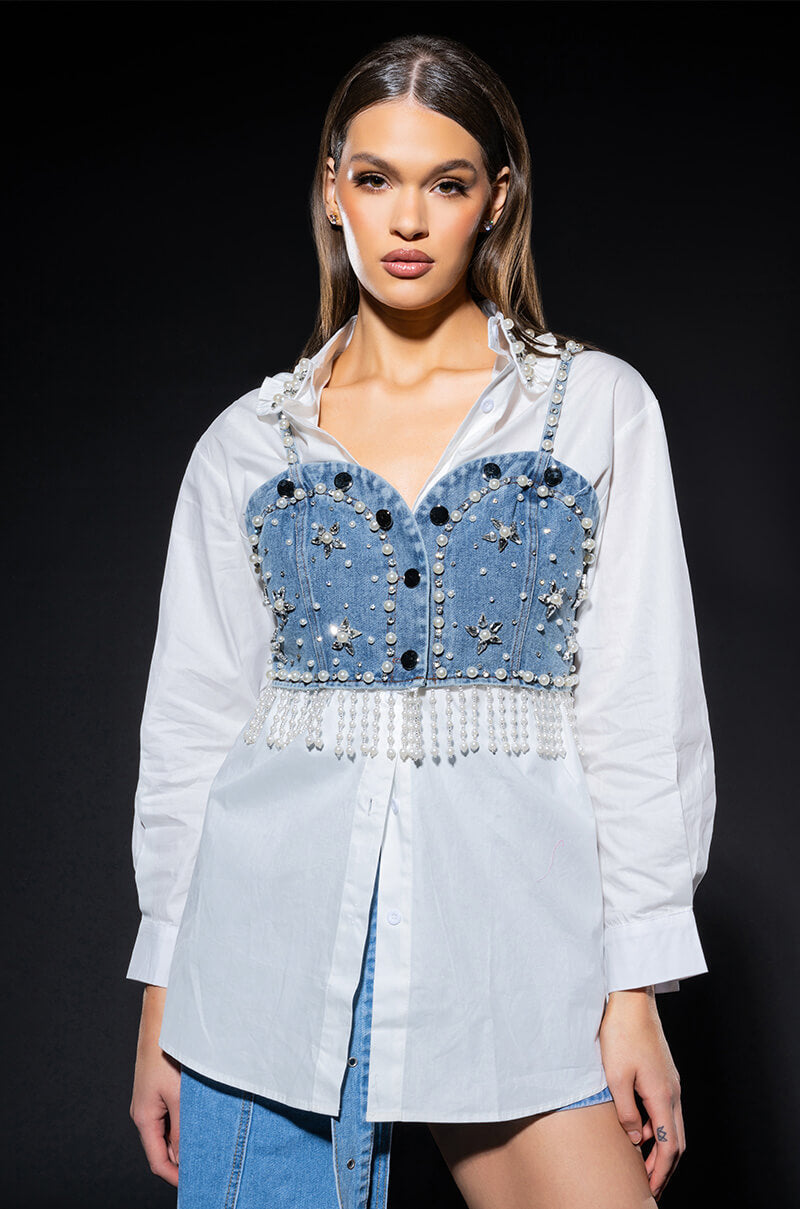 NASHVILLE NIGHTS EMBELLISHED BUTTON DOWN TOP