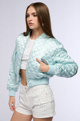 NEVER BETTER QUILTED SATIN BOMBER IN MINT