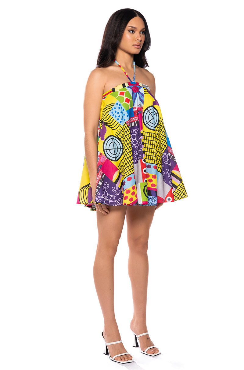 NORA HALTER NECK TRAPEZE MINI DRESS