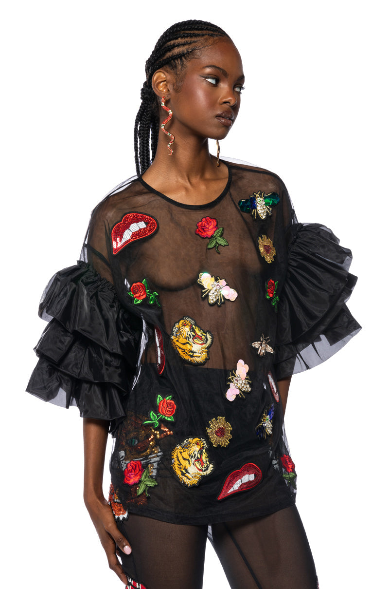 OH WOW RUFFLED SLEEVE PATCH DETAIL OVERSIZED SHIRT