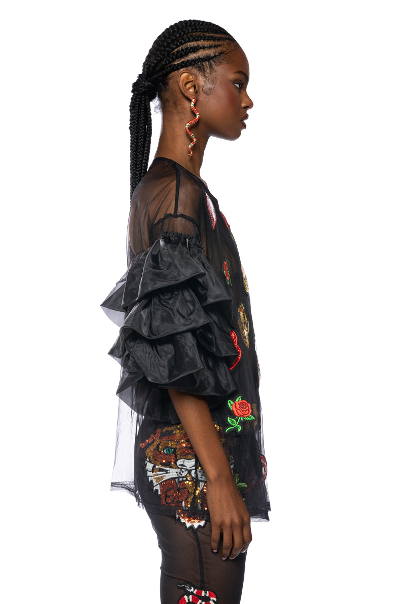 OH WOW RUFFLED SLEEVE PATCH DETAIL OVERSIZED SHIRT