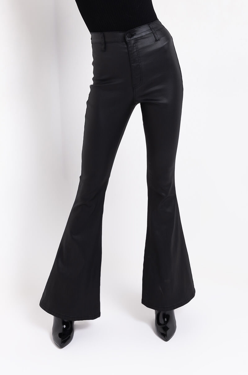 ON DUTY FAUX LEATHER HIGH RISE FLARE PANTS
