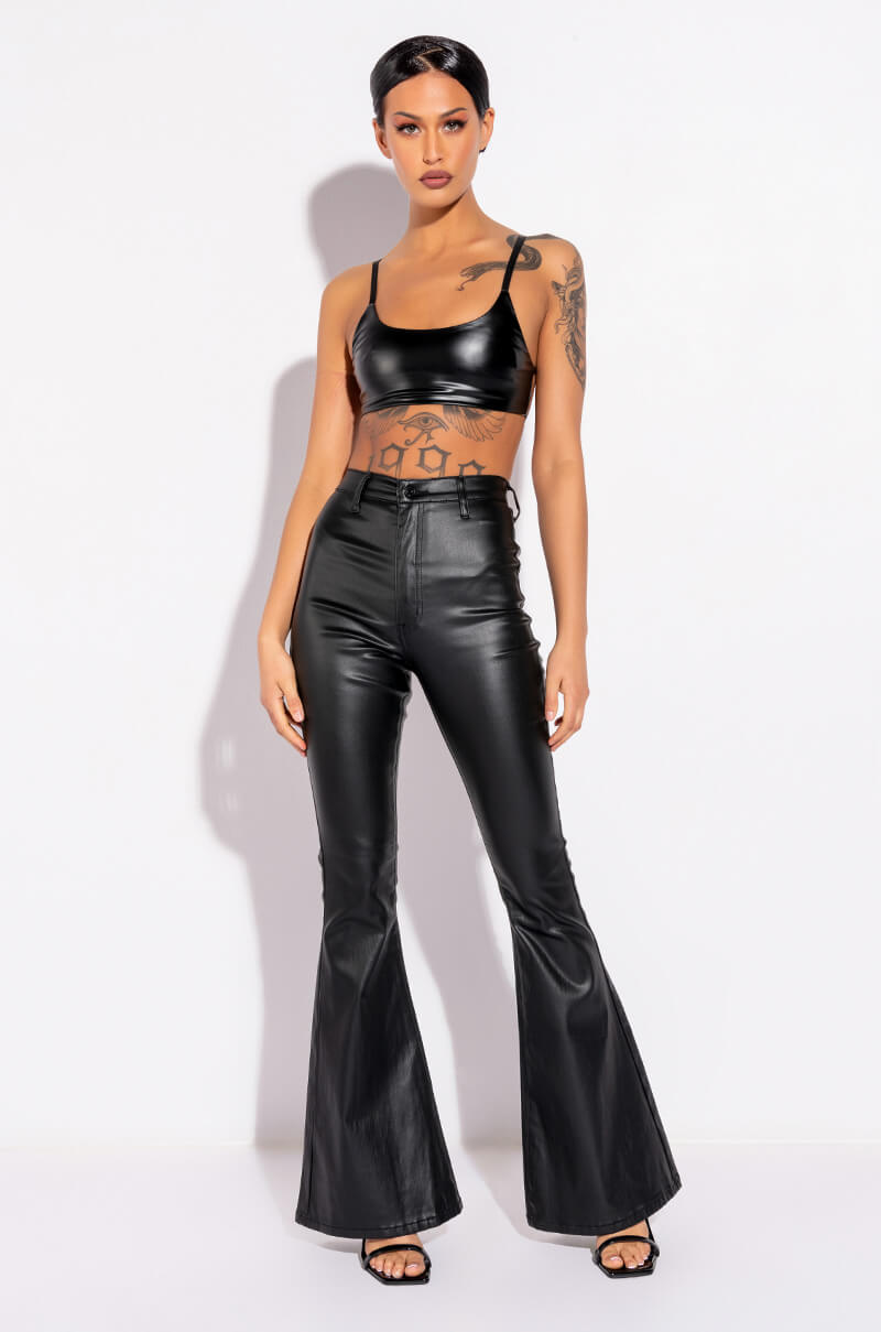 ON DUTY FAUX LEATHER HIGH RISE FLARE PANTS