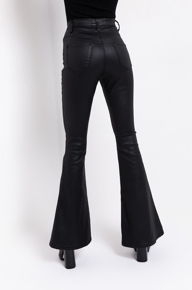 ON DUTY FAUX LEATHER HIGH RISE FLARE PANTS