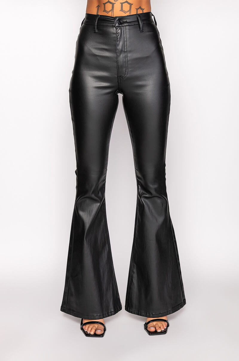 ON DUTY FAUX LEATHER HIGH RISE FLARE PANTS