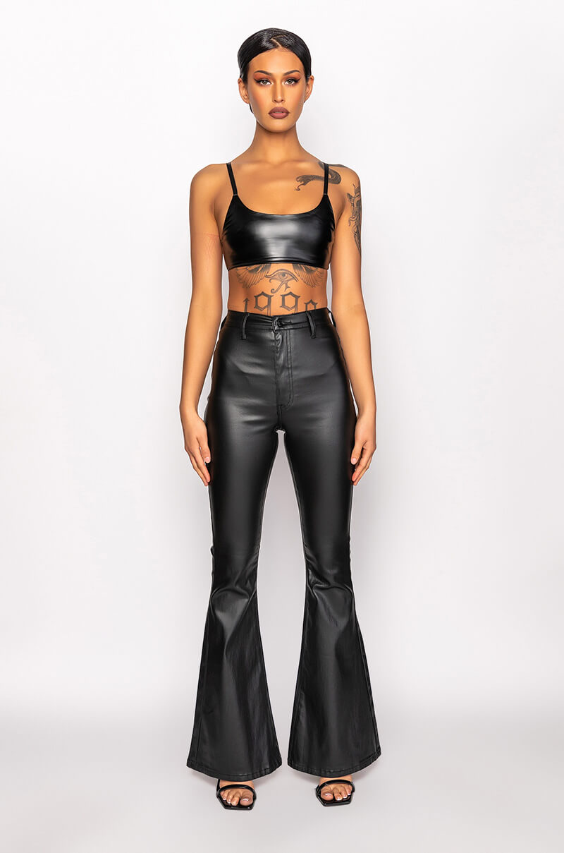 ON DUTY FAUX LEATHER HIGH RISE FLARE PANTS