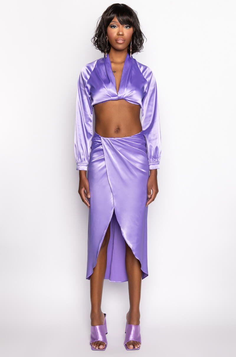 ON MY LEVEL WRAP FRONT SATIN MIDI SKIRT