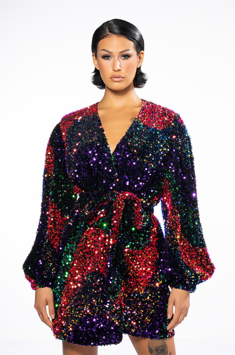 ON MY TIME SEQUIN WRAP MINI DRESS