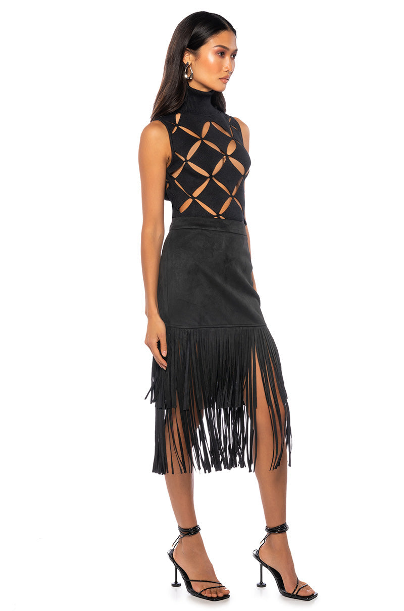 ON THE LOOK OUT FRINGE MIDI SKIRT