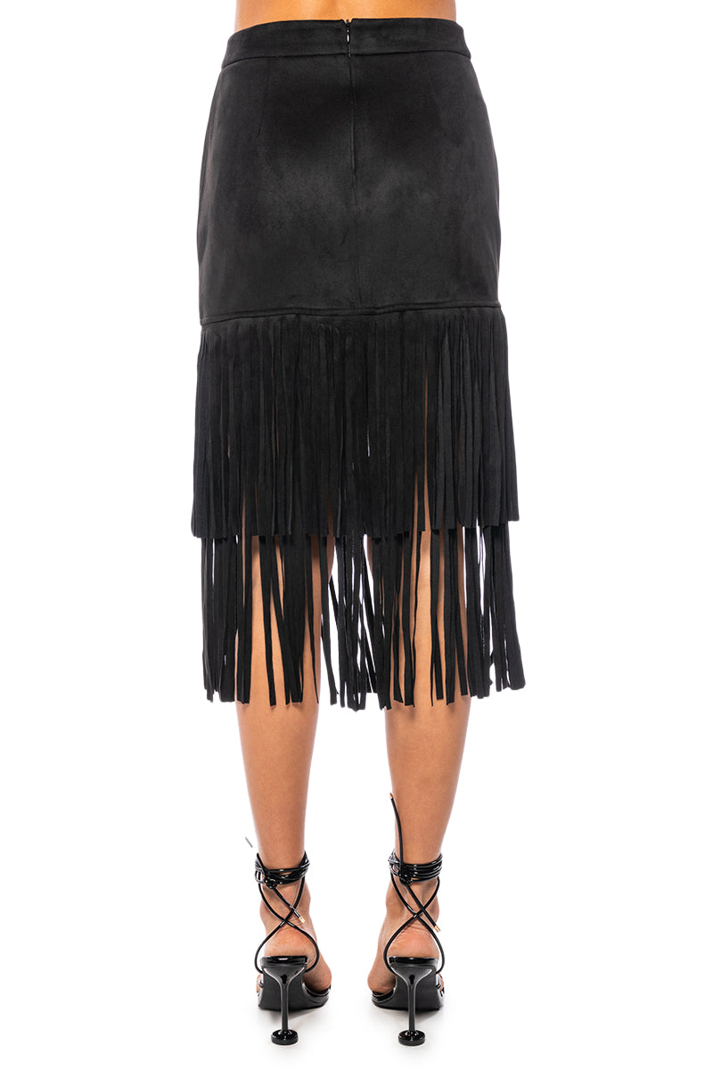 ON THE LOOK OUT FRINGE MIDI SKIRT