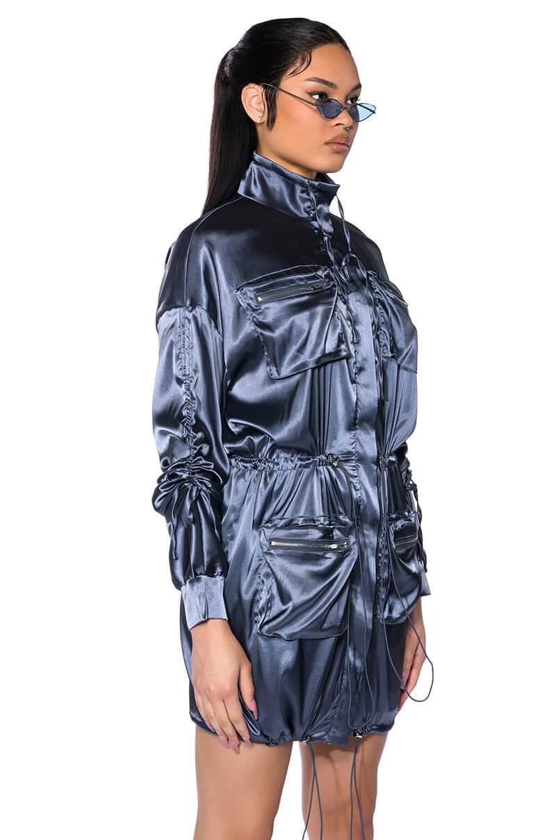 ON THE ROAD SATIN UTILITY MINI DRESS