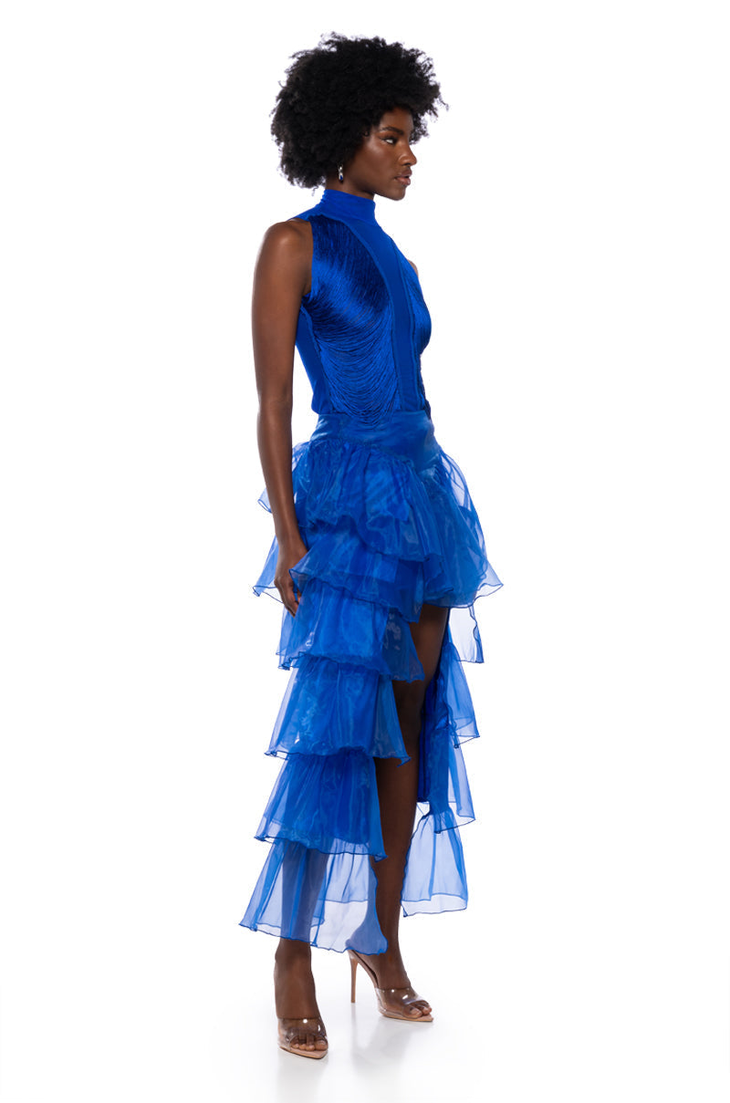 ONCE UPON A DREAM RUFFLE MAXI SKIRT IN ROYAL BLUE