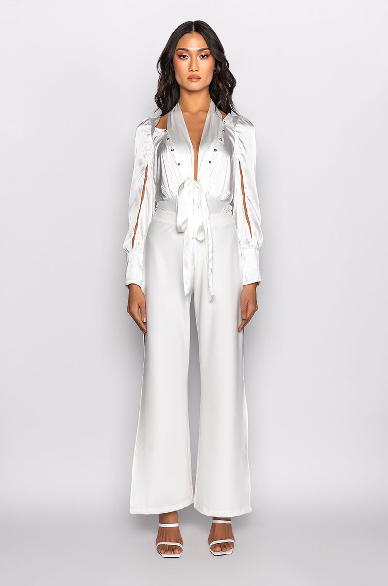 ONE TIME THING LONG SLEEVE TIE FRONT SATIN BODYSUIT