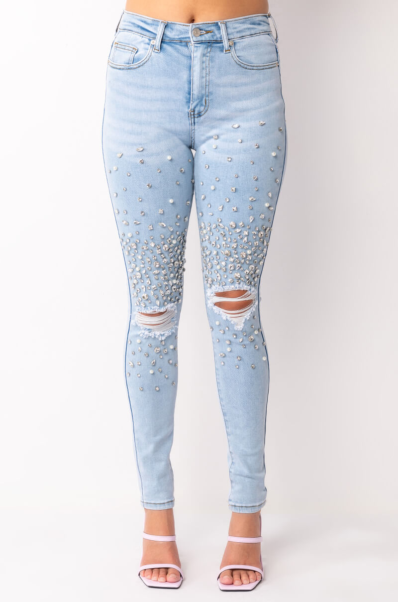 OUTTA THIS WORLD DISTRESSED RHINESTONE HIGH RISE SKINNY JEANS