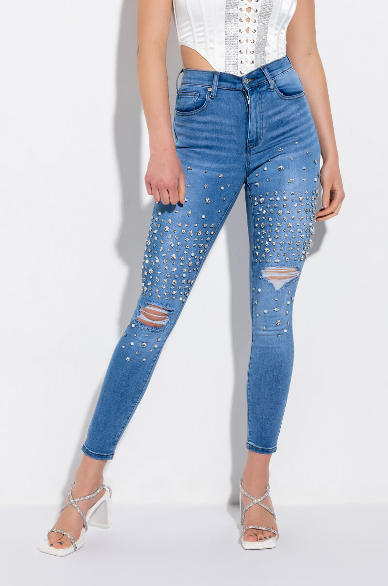 OUTTA THIS WORLD DISTRESSED RHINESTONE HIGH RISE SKINNY JEANS