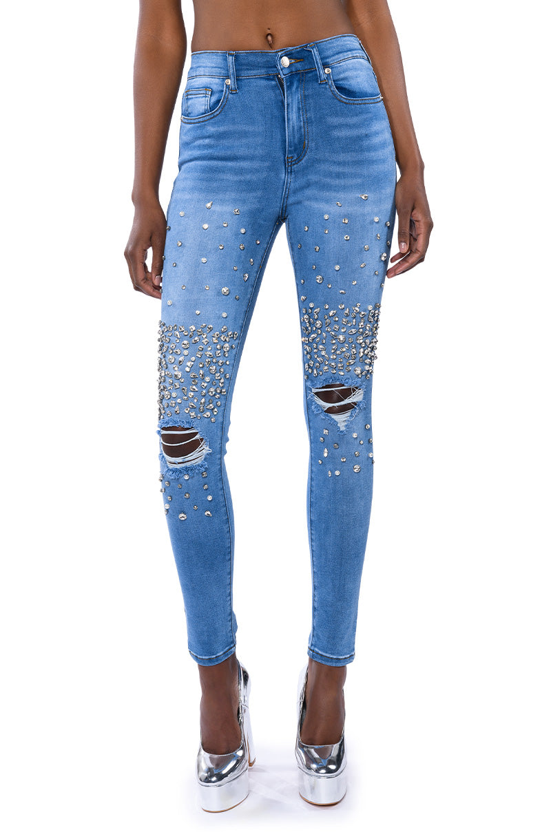 OUTTA THIS WORLD DISTRESSED RHINESTONE HIGH RISE SKINNY JEANS