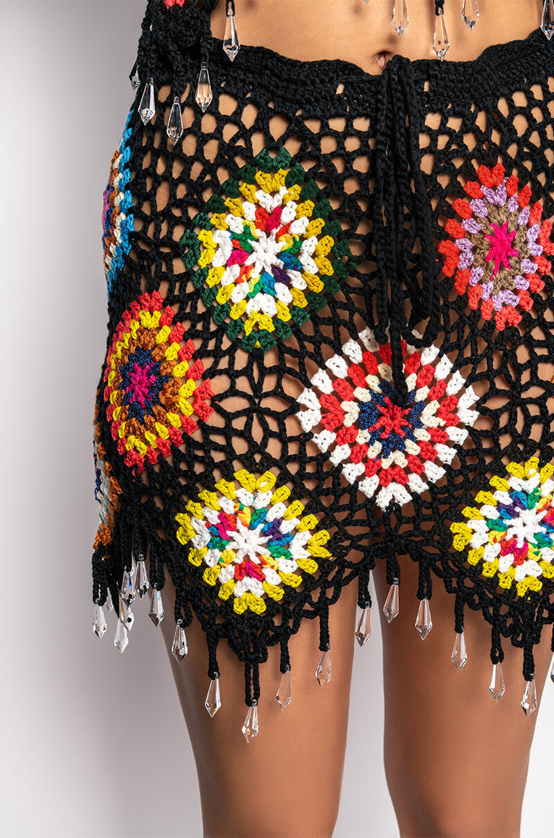 PACK YOUR BAGS RHINESTONE TRIM CROCHET SHORTS