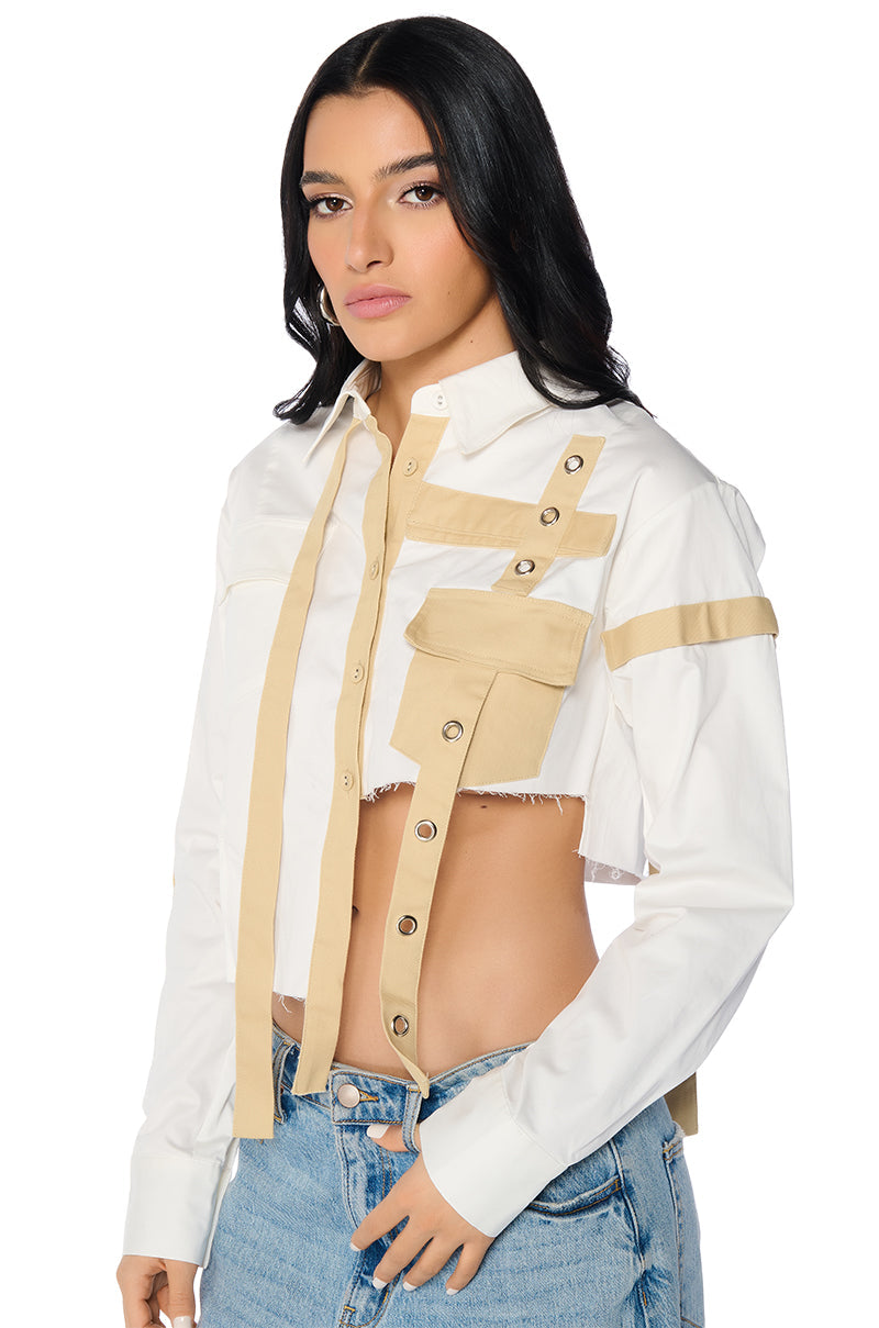 PARK STRAP DETAIL BUTTON DOWN BLOUSE IN WHITE MULTI