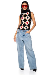 PLAYING CARDS TURTLENECK CUT OUT KNIT TOP