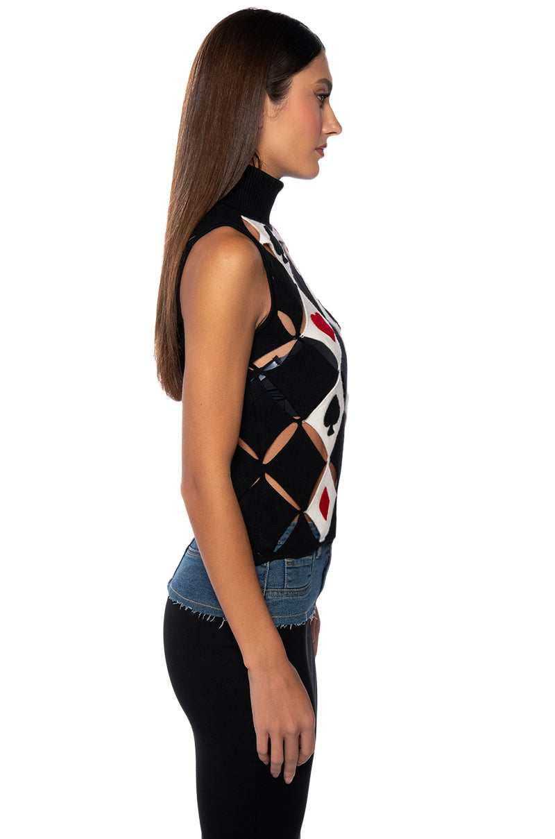 PLAYING CARDS TURTLENECK CUT OUT KNIT TOP