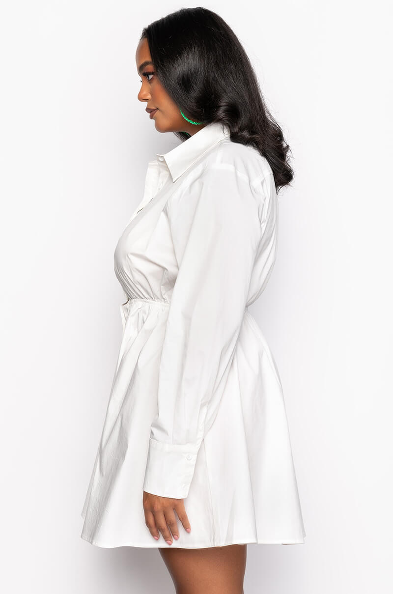 PLUS SUCH A LOOK OPEN BACK BUTTON UP FIT AND FLARE MINI DRESS