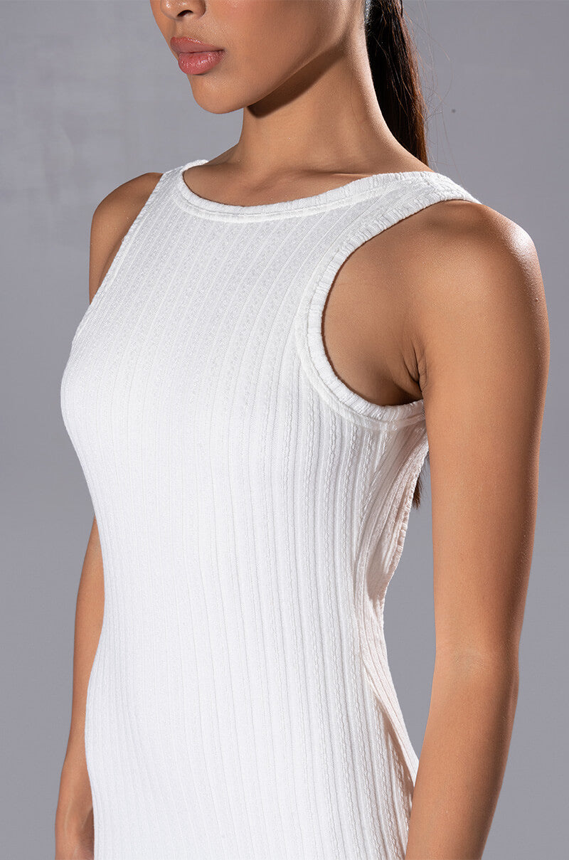 HAILEY SLEEVELESS HIGH NECK KNIT MIDI DRESS