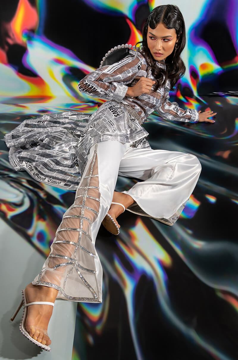 PREMIER RHINESTONE MESH PANEL SATIN WIDE LEG PANT
