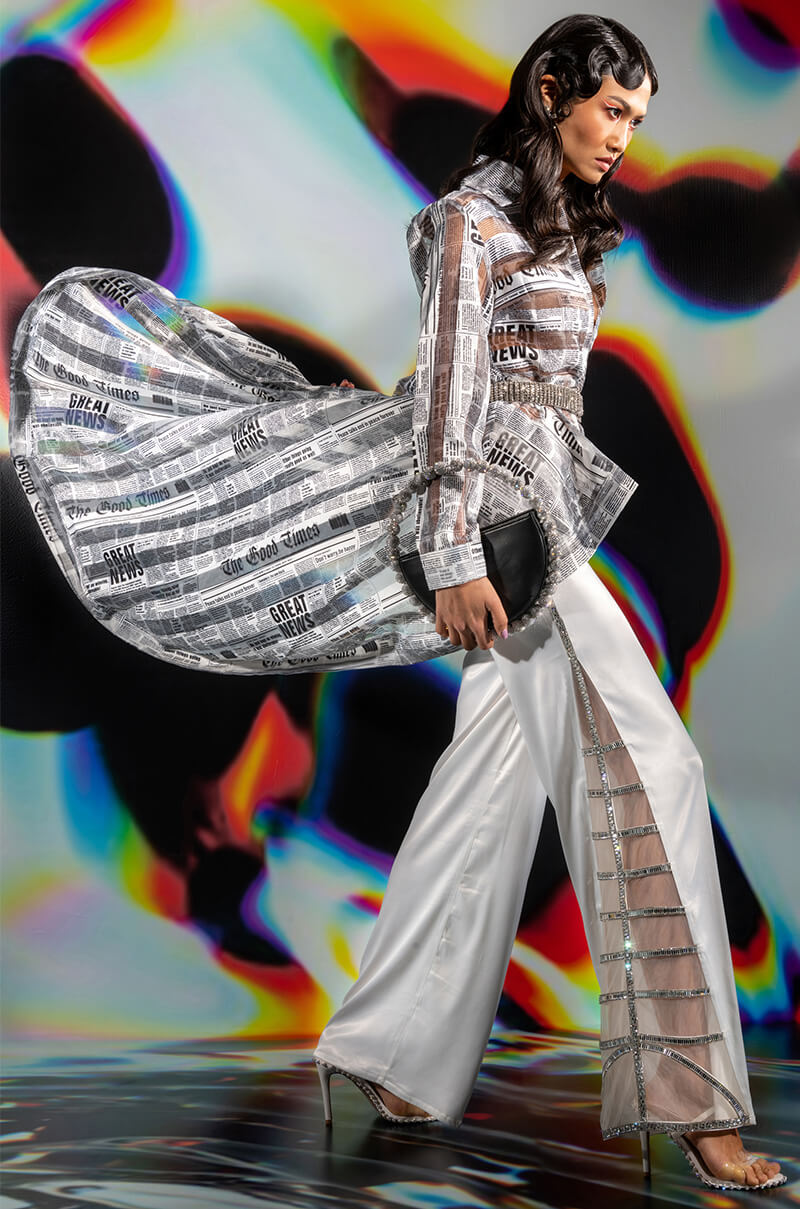 PREMIER RHINESTONE MESH PANEL SATIN WIDE LEG PANT