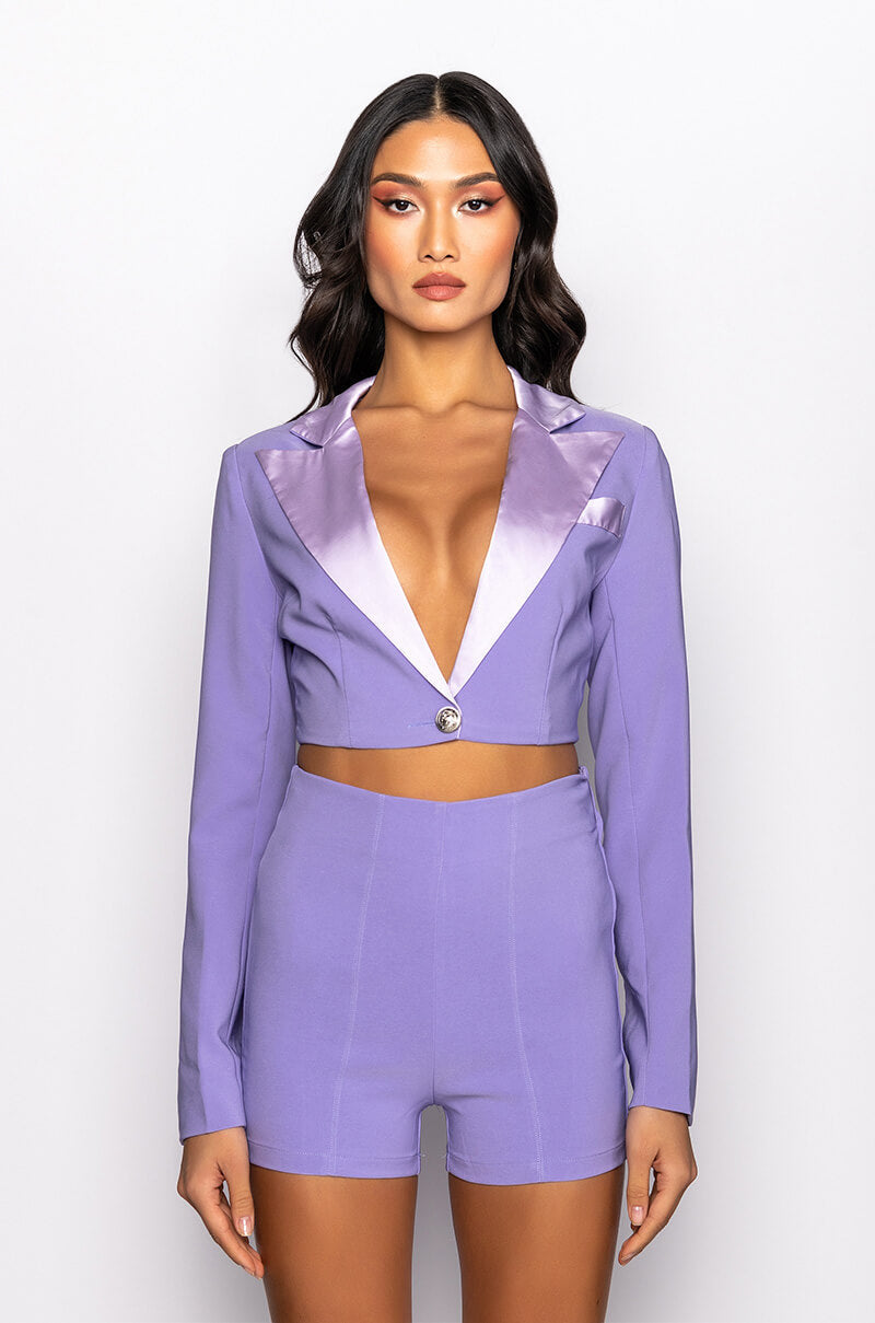 PRETTY THOUGHTS CROPPED BLAZER WITH SATIN LAPEL