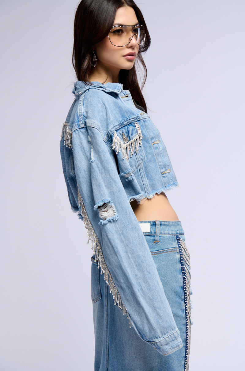 PURE HAPPINESS RHINESTONE CROPPED DENIM JACKET IN BLUE