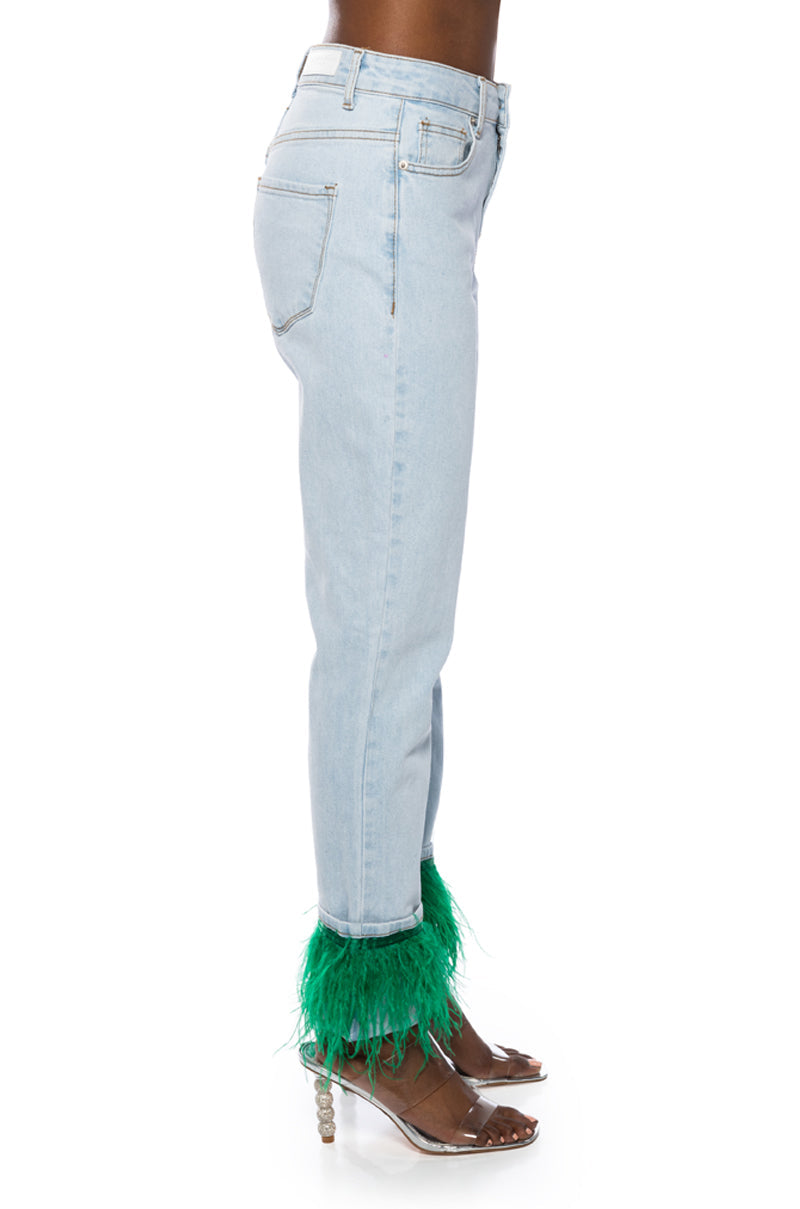 QUEEN OF EVERYTHING FEATHER DETAIL JEANS
