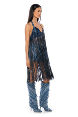 RAVE GIRL DENIM HALTER FRINGE BRA TOP