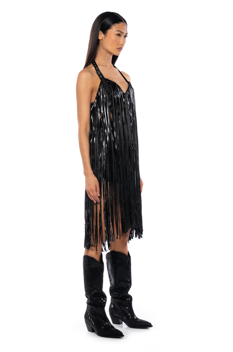 RAVE GIRL HALTER TASSEL BRA TOP IN BLACK