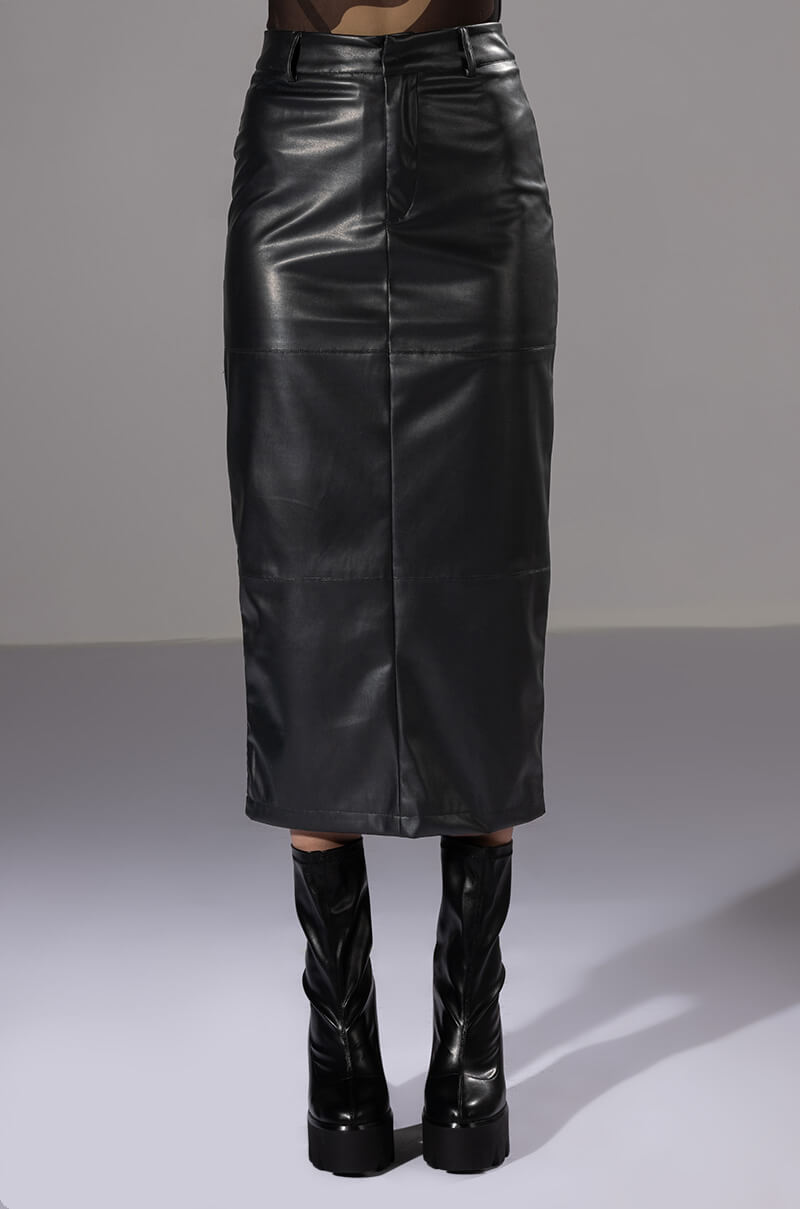 REAL TALK FAUX LEATHER MIDI SKIRT