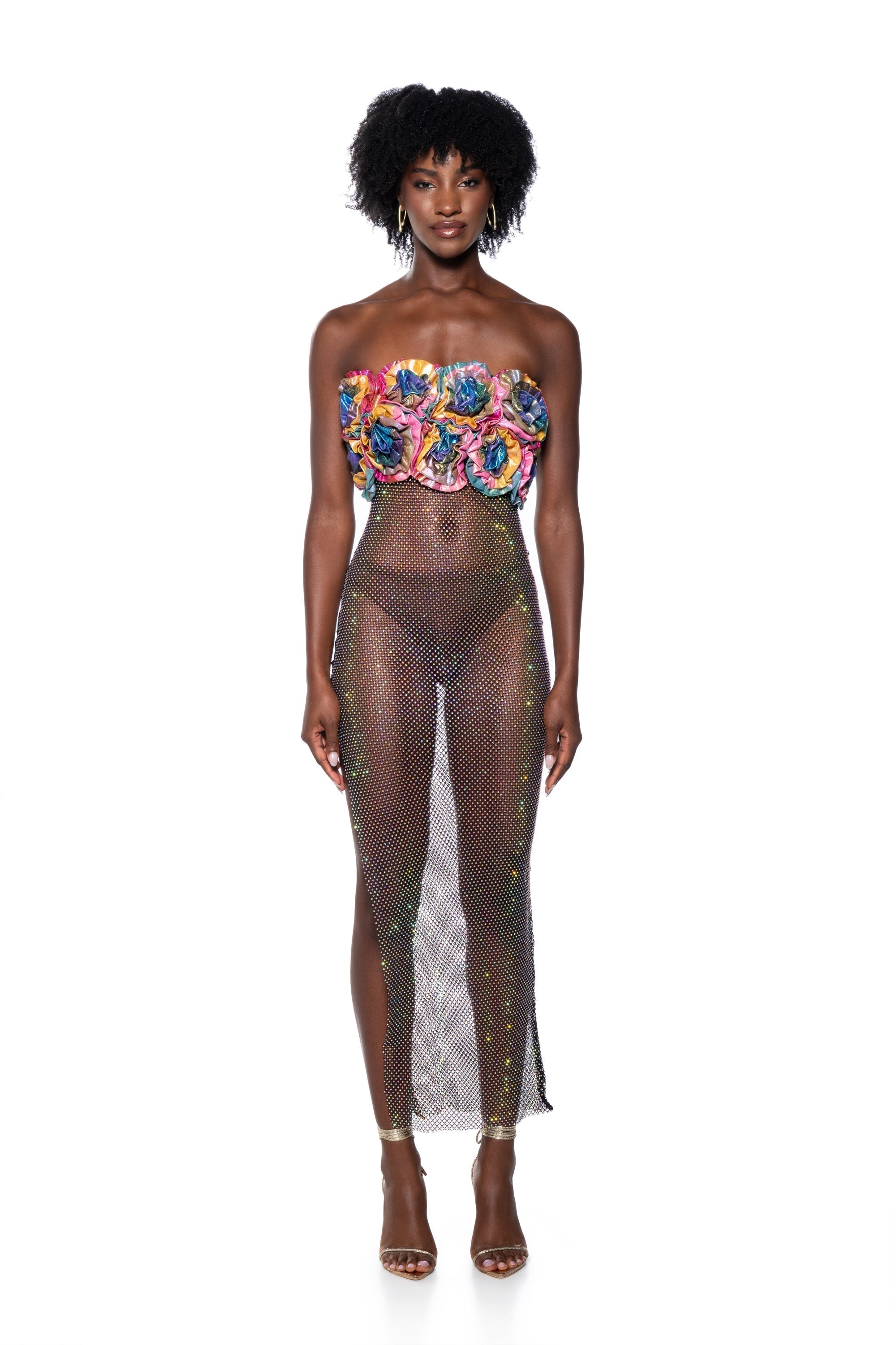 RENNAISANCE FLORAL RHINESTONE MESH MAXI DRESS