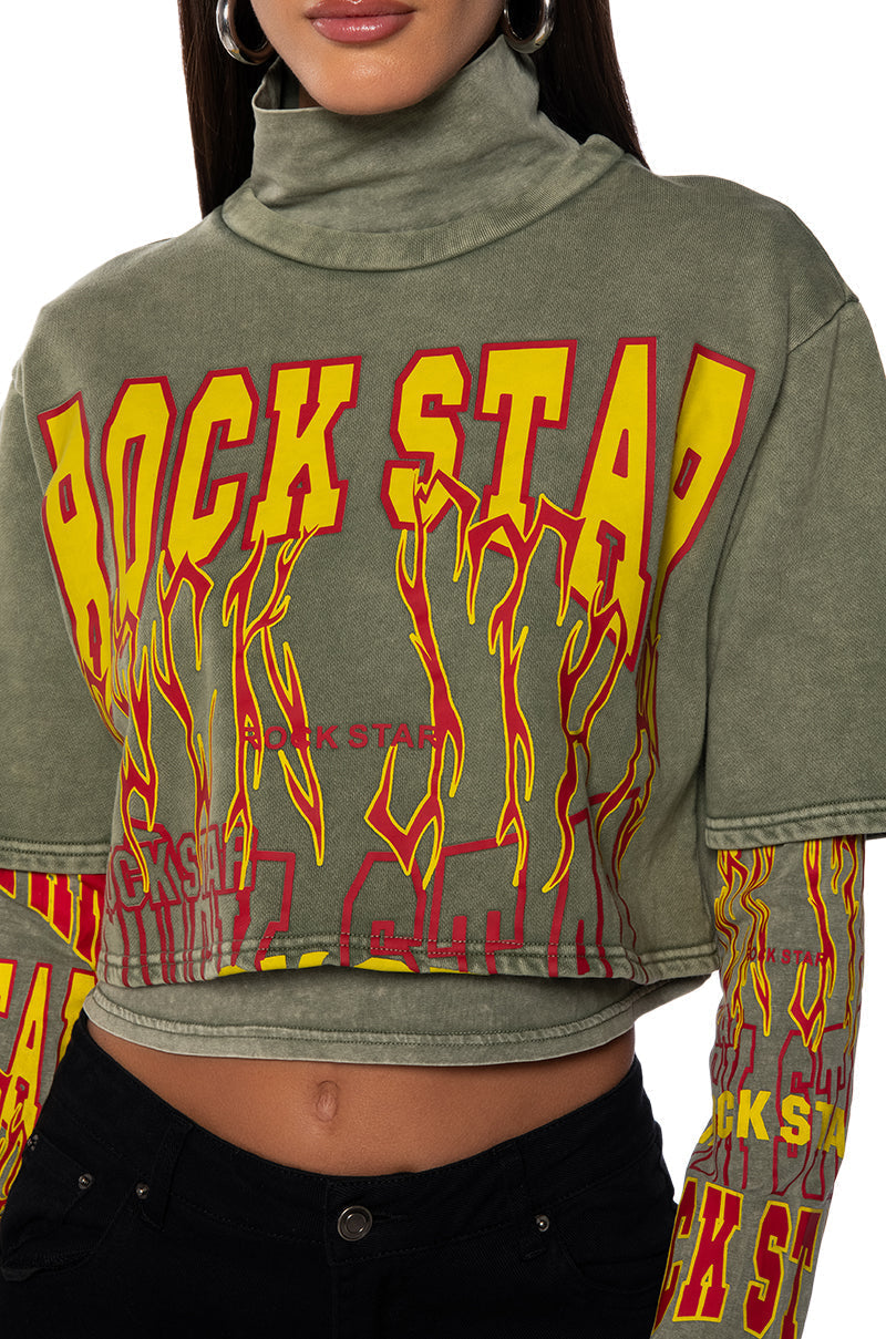 ROCK STAR GRAPHIC LAYERED TURTLE NECK TOP