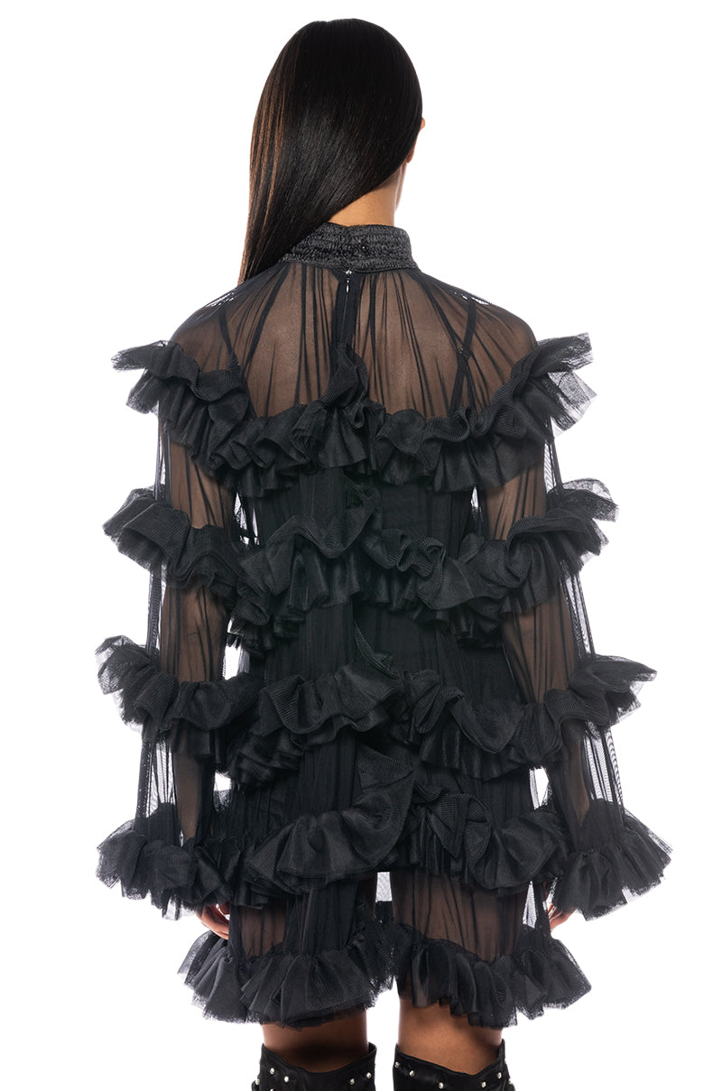 ROMANTIC LAYERED RUFFLES LONG SLEEVE MINI DRESS