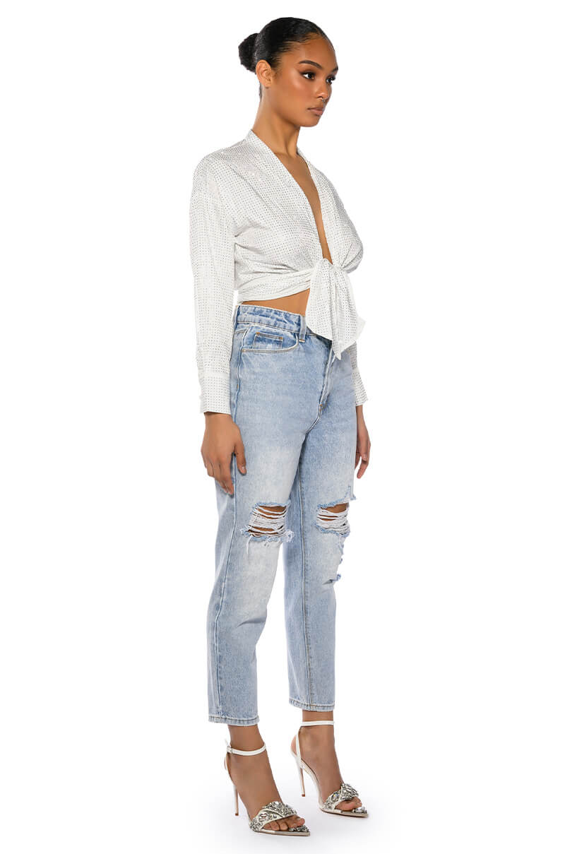 ROWLING TIED UP RHINESTONE BLOUSE
