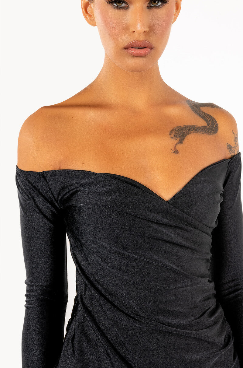 INTO YOU LONG SLEEVE RUCHED MESH MINI DRESS